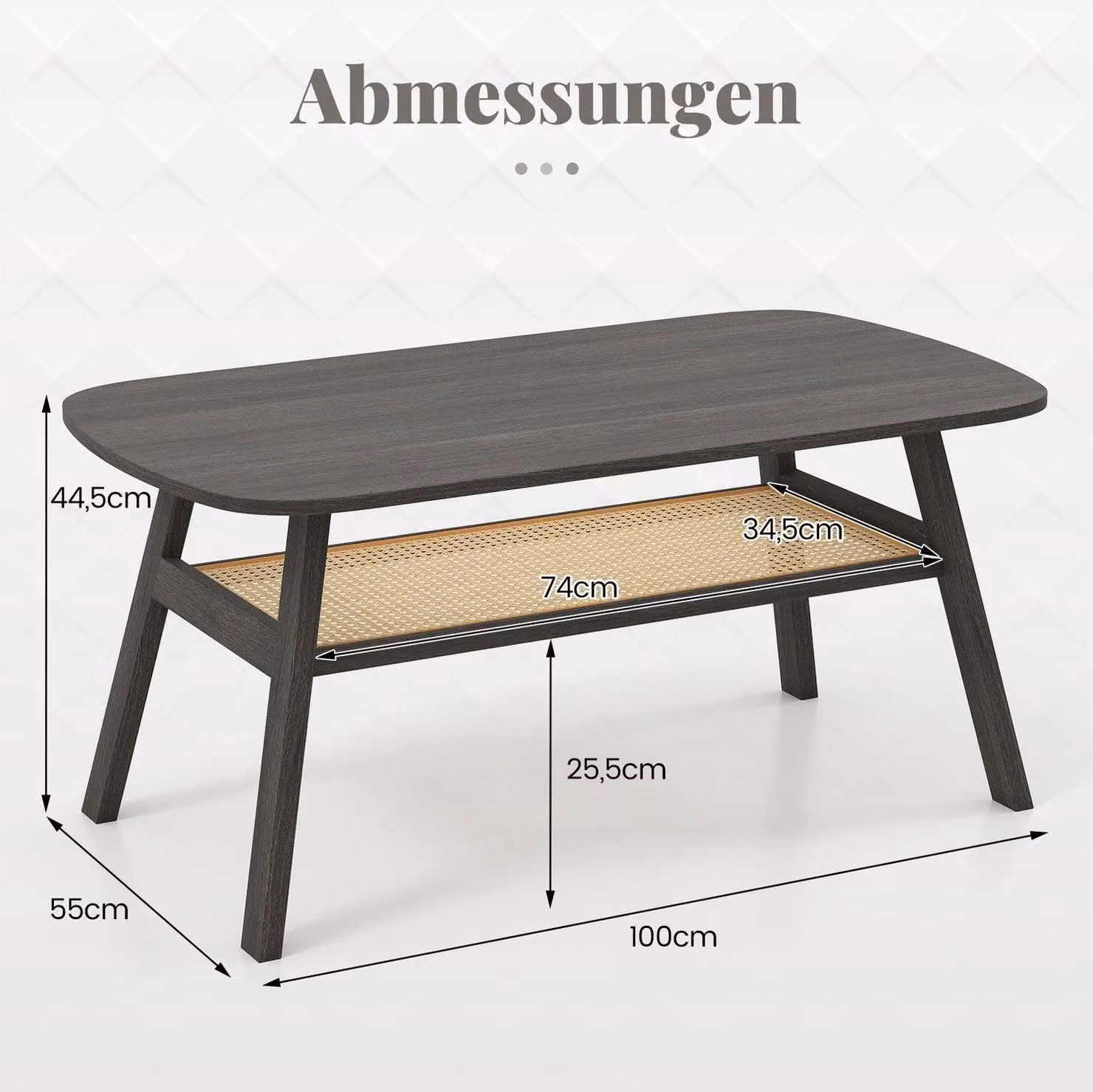 Tavolino da caffè in legno con ripiano in rattan, 2 livelli, 100x55x44,5 cm