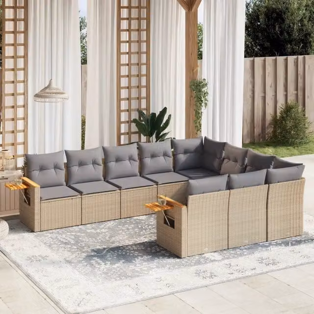 vidaXL Set Divano da Giardino 10 pz a L con Cuscini Beige in Polyrattan e Legno di Acacia