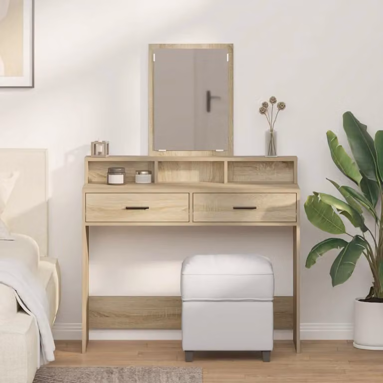 vidaXL Tavolo da Trucco Moderno in Rovere e Beige L: 100 cm, P: 41 cm, H: 140 cm
