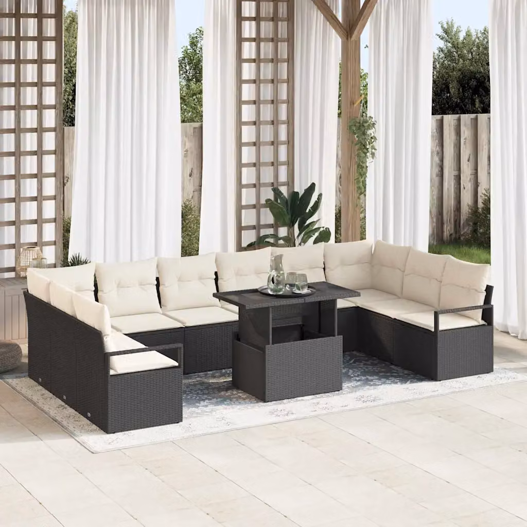 Set Divano da Giardino vidaXL 11 Pezzi in Polyrattan con Cuscini Nero e Beige per 10 Persone – 1