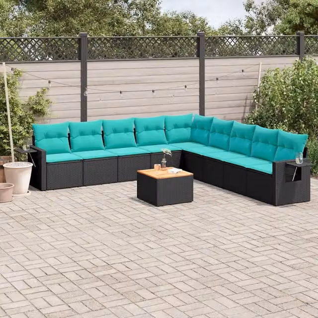 Set Divani da Giardino 10 pz con Cuscini Nero in Polyrattan 3224608