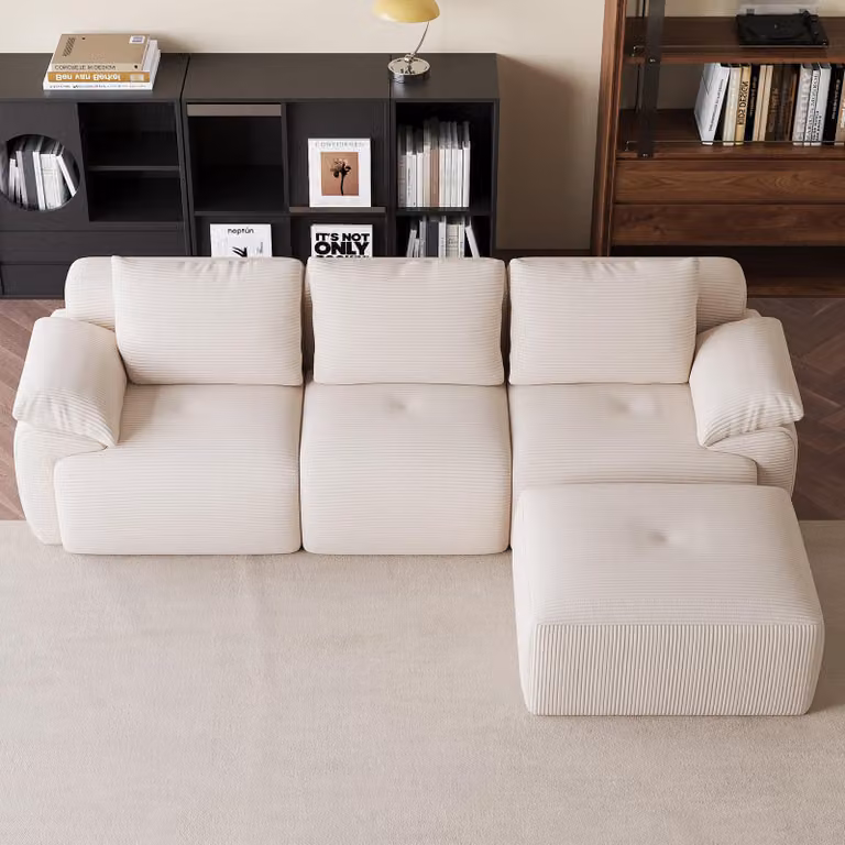 Divano angolare modulare ProximaX, forma a L, 264 cm, color beige, con poggiapiedi