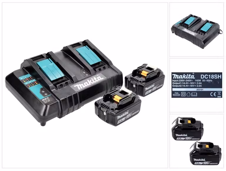 Kit di alimentazione Makita 18 V con 2x batteria BL 1850 B 5,0 Ah ( 197280-8 ) + caricabatterie doppio DC 18 SH ( 199687-4 )