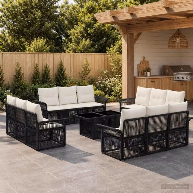 Set Divano da Giardino vidaXL a forma a U con Tavolino, 13 Pezzi, Nero e Bianco Crema, in Polyrattan e Metallo con Cuscini Inclusi – 1