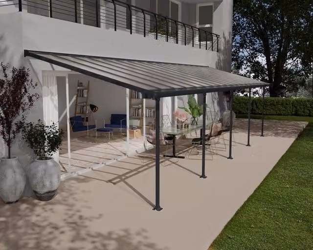 Pergola addossata Palram Feria in alluminio e policarbonato colore grigio L: 9.7 m, P: 3 m