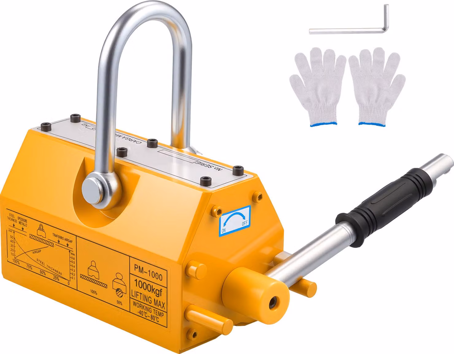 SucceBuy magnete permanente di sollevamento con capacità di sollevamento di 1000 kg, dotato di maniglia di sgancio e gancio in acciaio, ideale per gru da officina e paranchi per il sollevamento di lastre di acciaio e pannelli metallici.