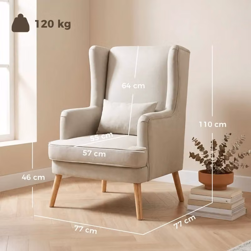 Poltrona moderna Mivray in tessuto beige con schienale alto e gambe in legno di gomma rouan – 2
