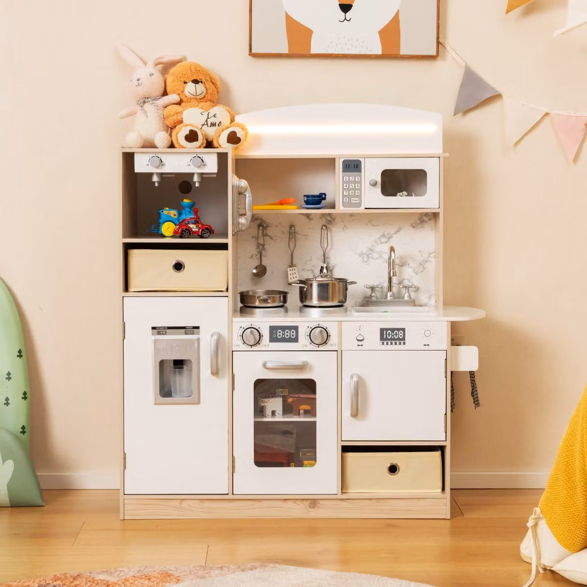 Cucina giocattolo Costway per bambini con luci LED regolabili e cesti in tessuto rimovibili, colore bianco