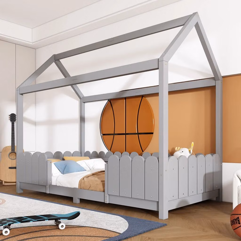 Letto casetta per bambini Chicfurn in legno di pino grigio con sponda di sicurezza L/P/H: 200 x 90 x 120 cm – 2