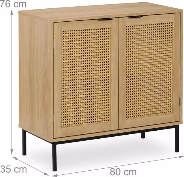 Credenza stretta in legno in stile naturale per soggiorno e sala da pranzo 90 x 40 x 80 cm con 2 ante in rattan in legno naturale 13_0016436