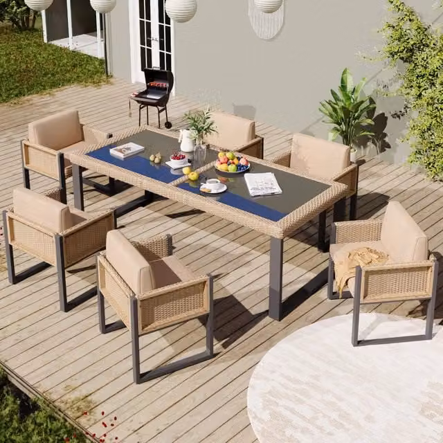 Set da pranzo da giardino con tavolo e sei sedie in rattan PE con vetro temperato cuscini sfoderabili nero marrone