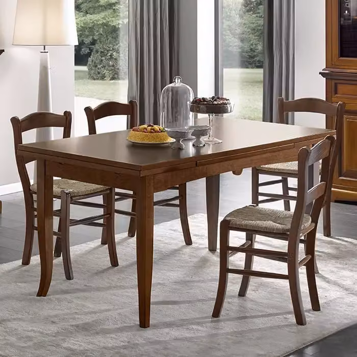 Set tavolo allungabile e 6 sedie Friuli in legno di pino color noce con seduta in paglia Mobili 2G L/P/H: 160 x 85 x 80 cm