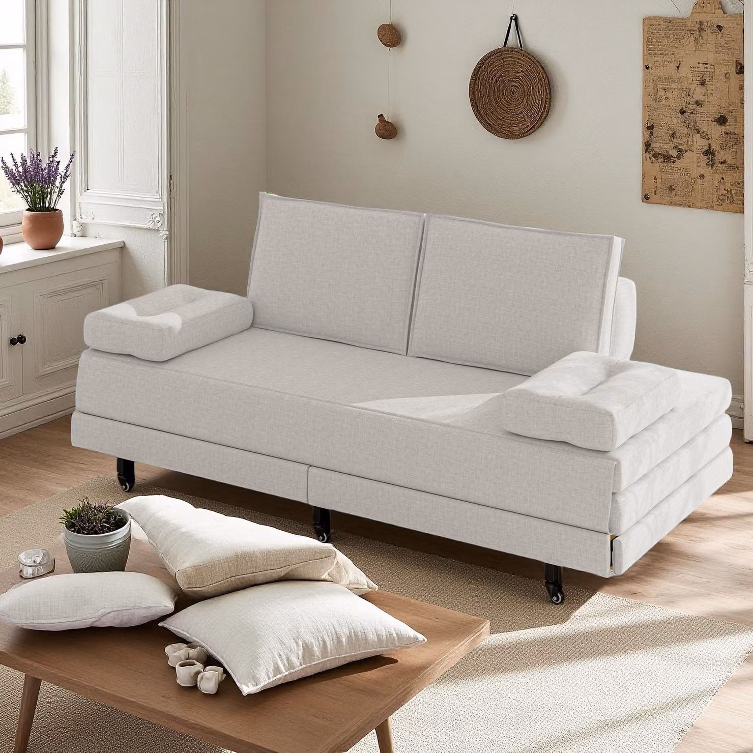 Divano letto in tessuto bianco 90x200 cm, estensibile a 180x200 cm, pieghevole e pratico per risparmiare spazio