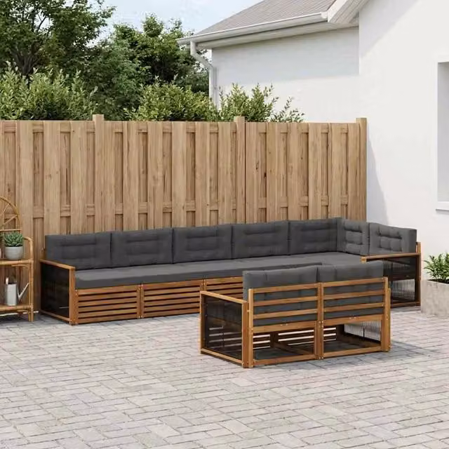 Set di divani da esterno a L vidaXL in legno di acacia con cuscini, colore marrone e antracite – 1