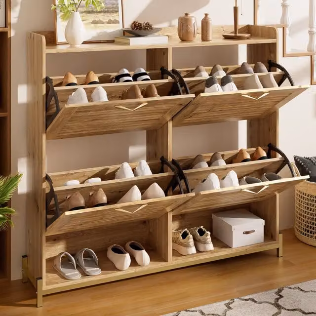 Scarpiera salvaspazio OKWISH con 4 ante e ripiani interni in MDF effetto legno marrone per ingresso, L: 108,5 cm, P: 24 cm, H: 100 cm