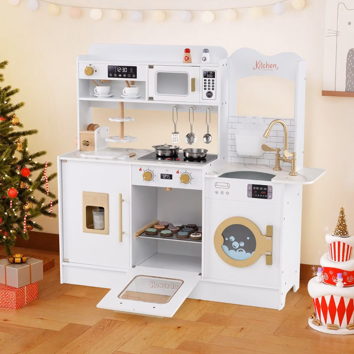 Cucina giocattolo per bambini Costway con fornelli, forno a microonde, tostapane e distributore di ghiaccio, colore bianco