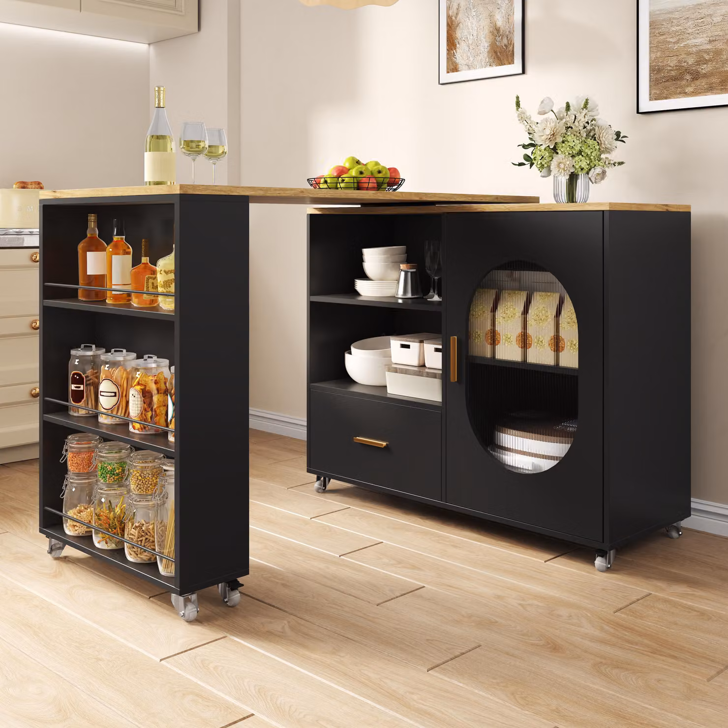 Isola da cucina Flieks con piano girevole a 360°, isola da cucina con bancone, cassetto e porta in vetro, tavolo da pranzo mobile, dimensioni 120-180x60x90 cm, colore nero