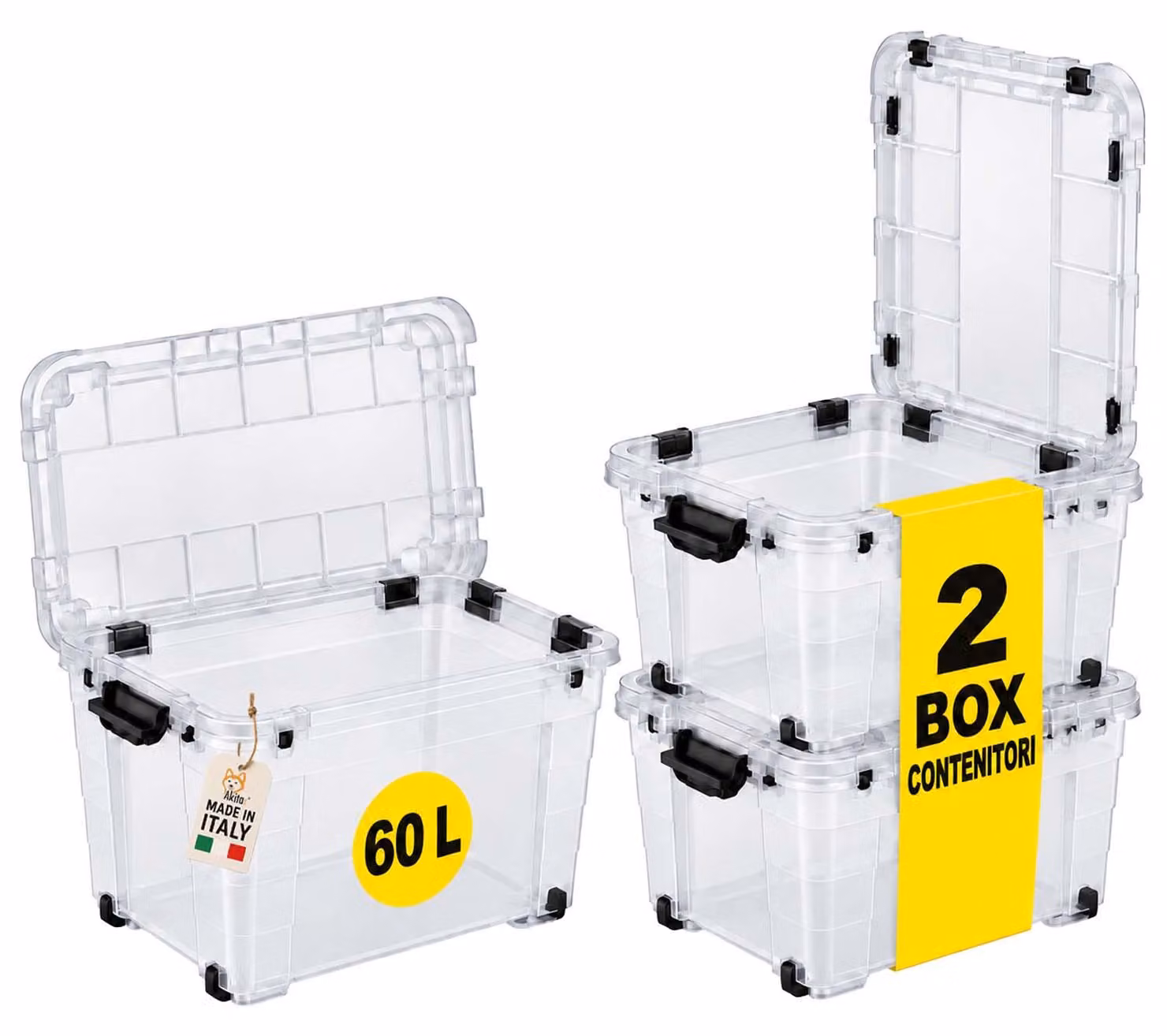 Akitaink 2 Contenitori Box 60L Magic 4UP con Ruote Trasparenti