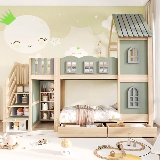 Letto a castello per bambini ¨C Minimal ¨C 90x200 cm in legno verde con cassetti e mensole