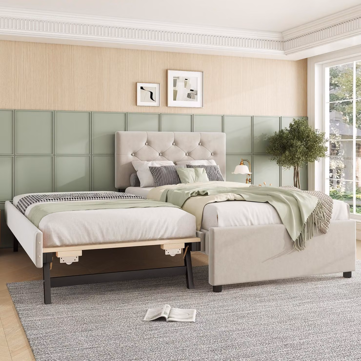 Letto imbottito Merax 90x200 cm, con letto estraibile 90x190 cm, rete a doghe, schienale con rivetti, letto matrimoniale, letto piano, letto per bambini, velluto, beige