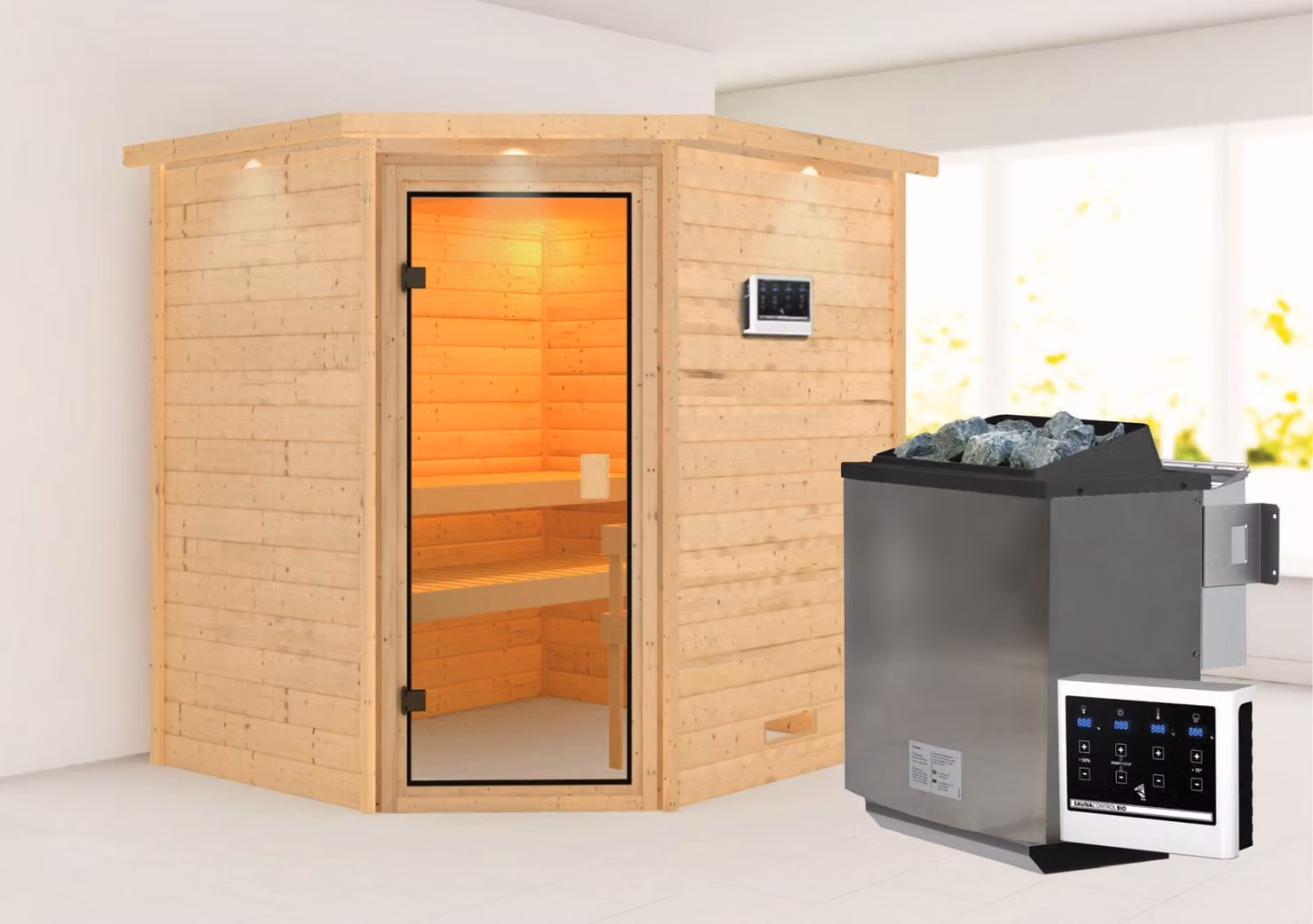 Sauna Woodfeeling Elea (ingresso ad angolo), porta tutto vetro, bronzata, riscaldatore 9 kWa controllo esterno semplice