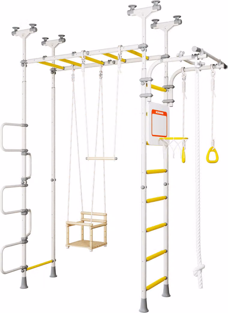 Spalliera per bambini: struttura da arrampicata da interno in metallo con corda da ginnastica e manubrio scorrevole – Pegas 2, giallo
