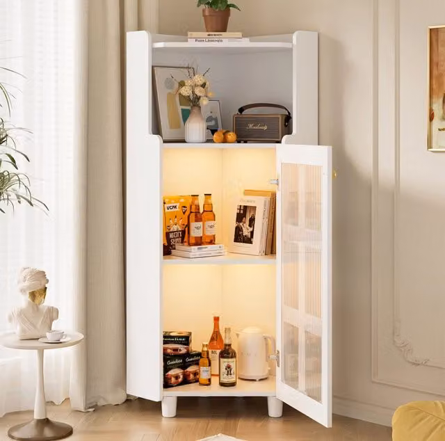 Mobile angolare ULEVR 63,5x124 cm con LED controllato da app, vano aperto e 2 ante in vetro, bianco MDF