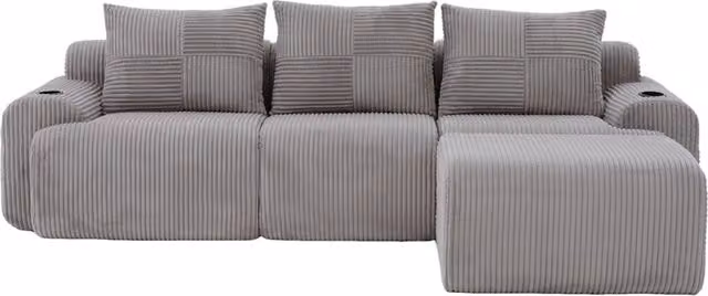 Divano modulare 3 posti 268x174x80 cm in tessuto a coste con portabevande; grigio chiaro