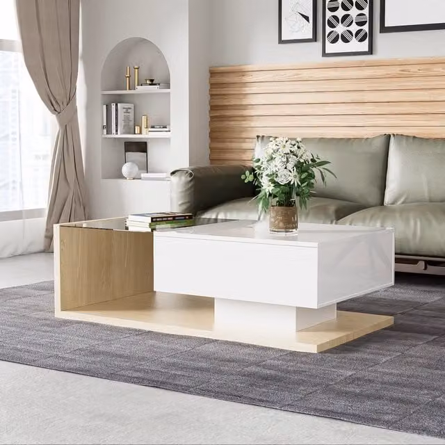 Tavolino da caffè MINIMAL con LED, piano in vetro, finitura bianco lucido ed effetto legno, L: 55 cm, P: 32,5 cm, H: 30 cm – 1