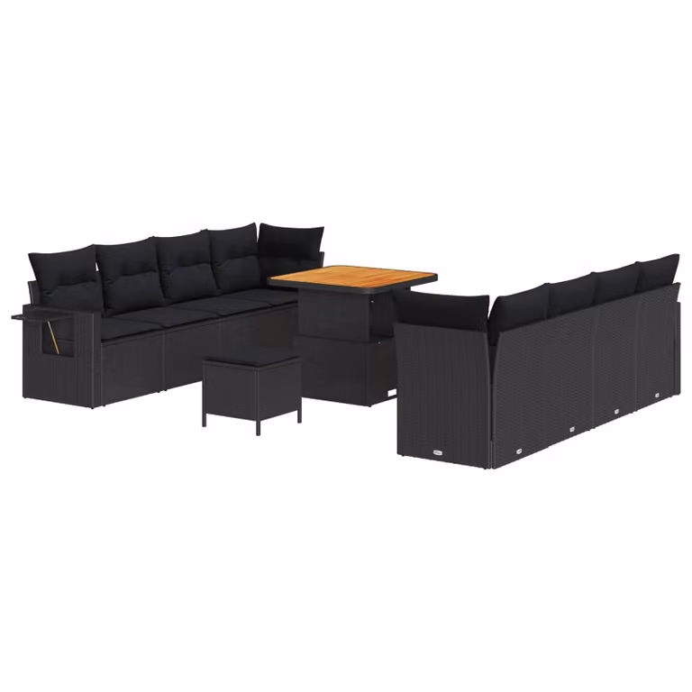 Set Divano da Giardino vidaXL 11 Pezzi a Forma di U in Rattan Nero con Cuscini e Tavolino