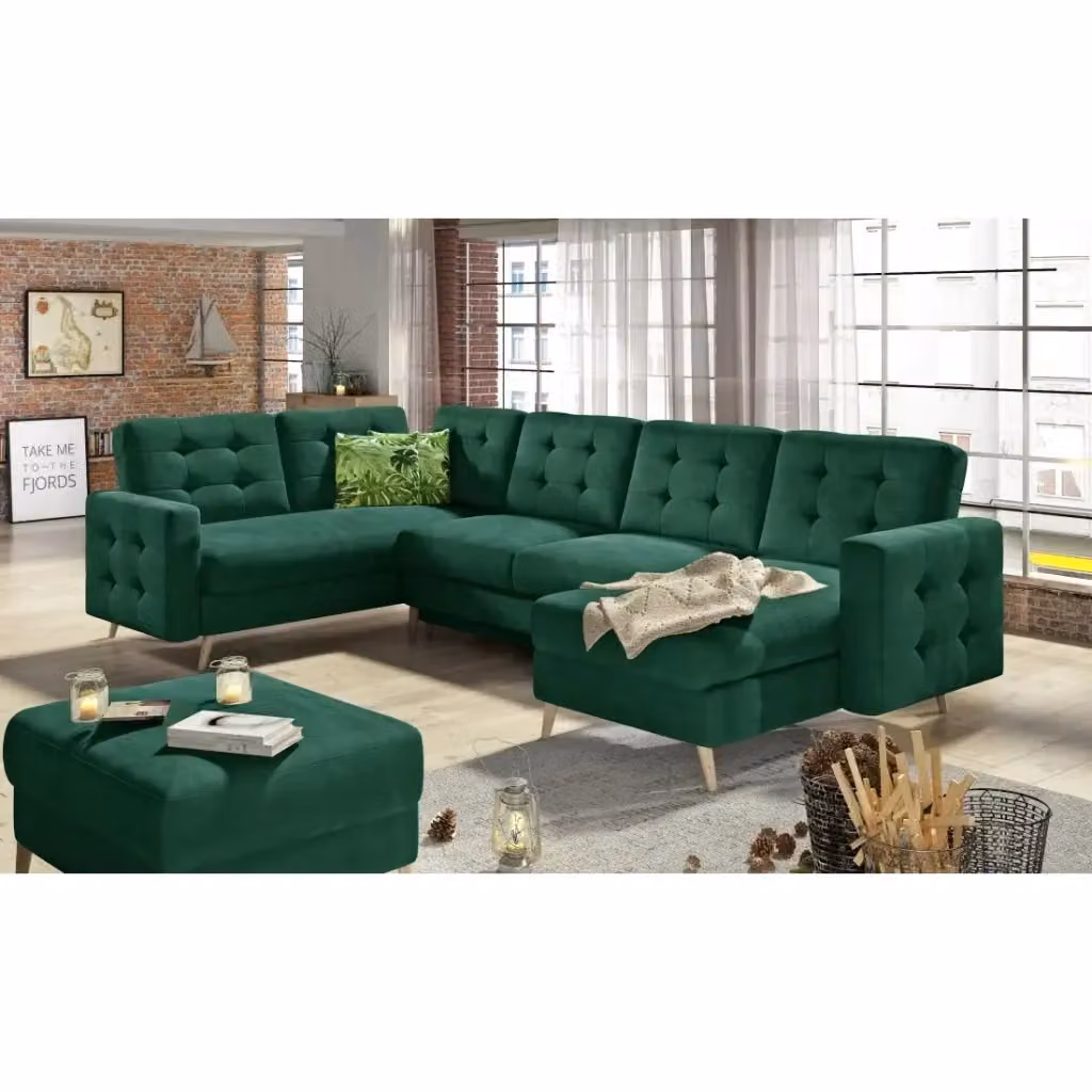 Divano angolare panoramico convertibile HASGARD U Meublorama in velluto verde, con funzione letto e contenitore, L: 326 cm – 2