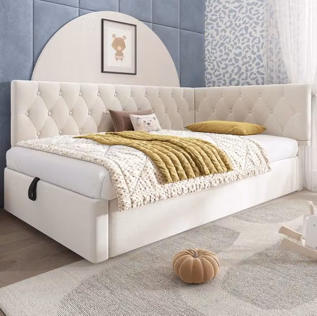 Letto singolo 90x200 cm con contenitore idraulico; rivestito in velluto beige