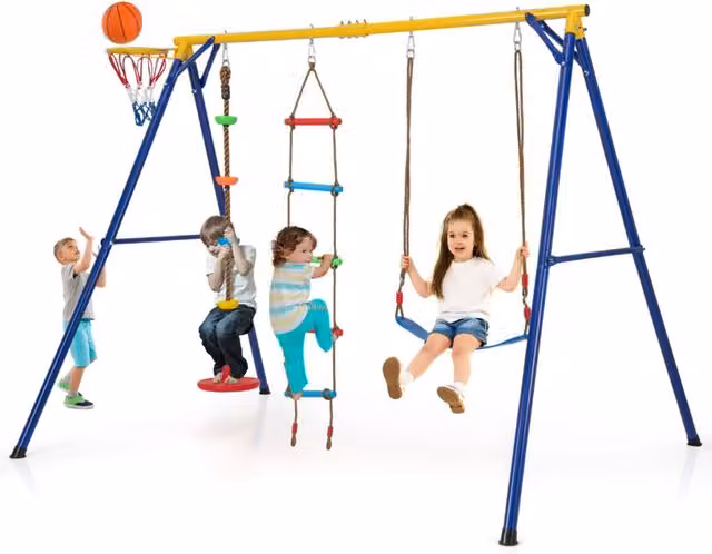 Set altalena per bambini con canestro basket altalena regolabile disco con corda, Set altalena portata 300kg Giallo