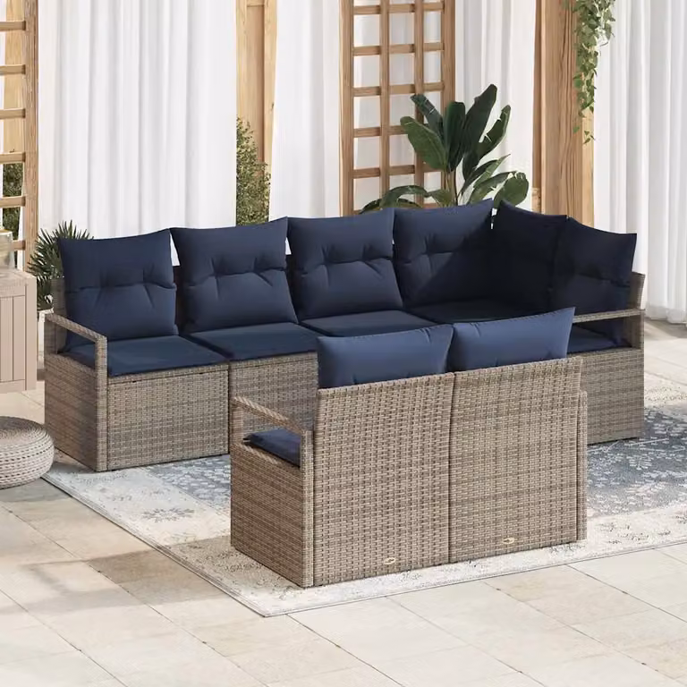 Set di divani da giardino vidaXL 7 posti a forma di L in polyrattan grigio con cuscini inclusi