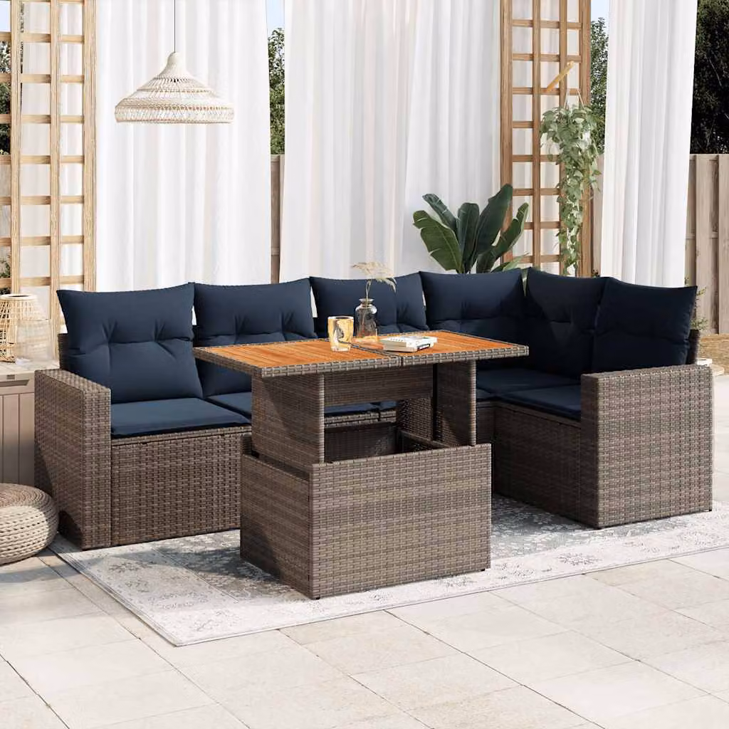 Set Divano da Giardino vidaXL 6 pz in Polyrattan e Legno di Acacia con Cuscini Grigio e Blu