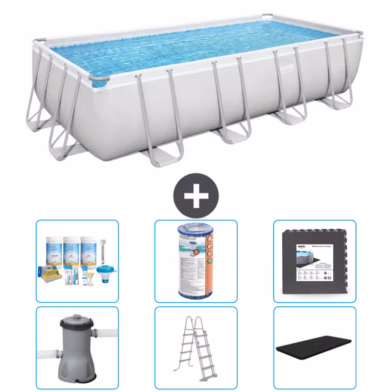 Piscina rettangolare Bestway Power Steel - 488 x 244 x 122 - Grigio, comprensiva di pompa - scala - pacchetto di manutenzione della copertura - filtro - piastrelle del pavimento