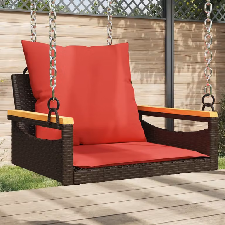 Panchina Dondolo vidaXL in Polyrattan e Legno di Acacia con Cuscini, Marrone, L: 63 cm, P: 62 cm, H: 40 cm
