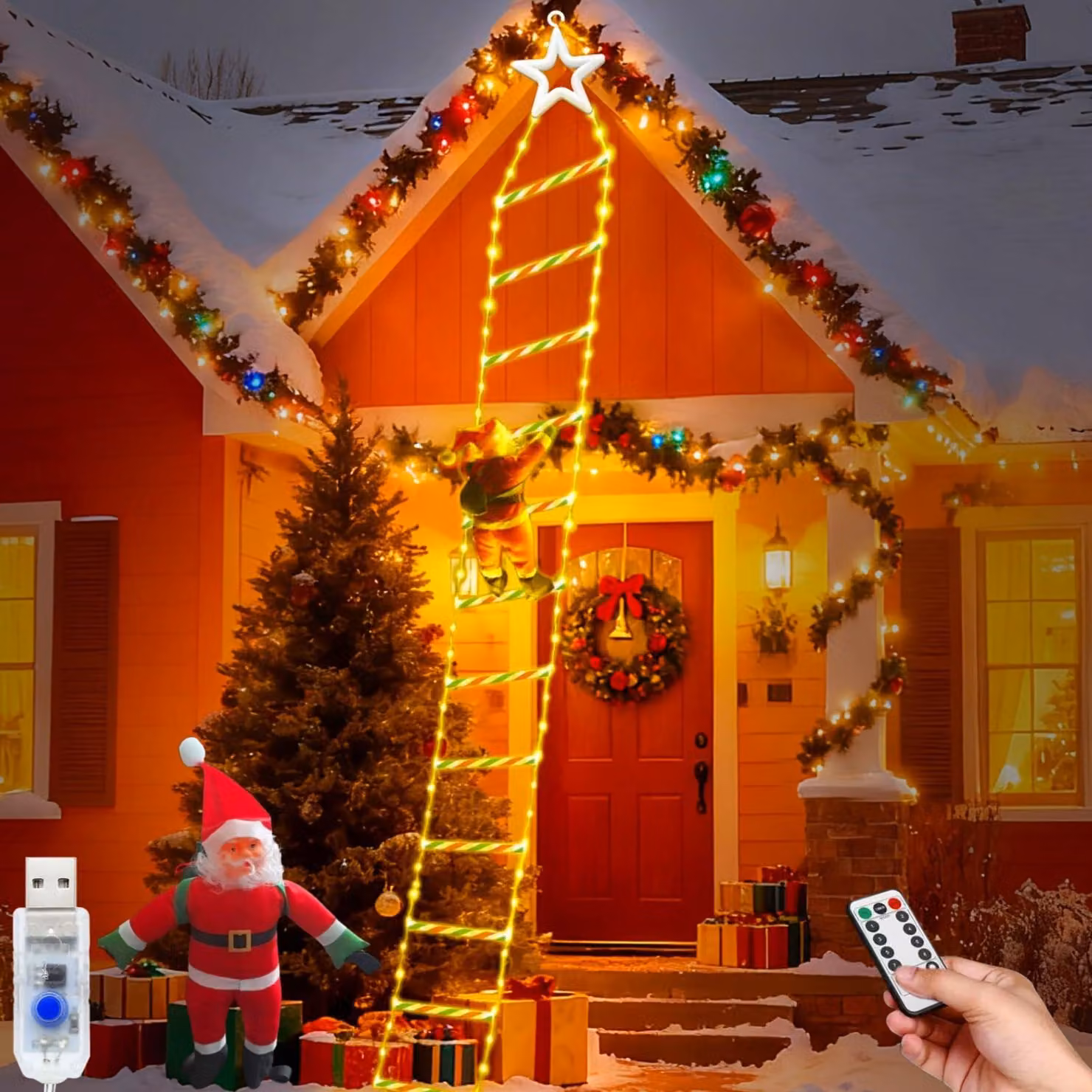 Albero di Natale a LED a forma di Babbo Natale, 2 metri, 124 LED, luce bianco caldo, 8 modalità, grado di protezione IP65, alimentazione USB