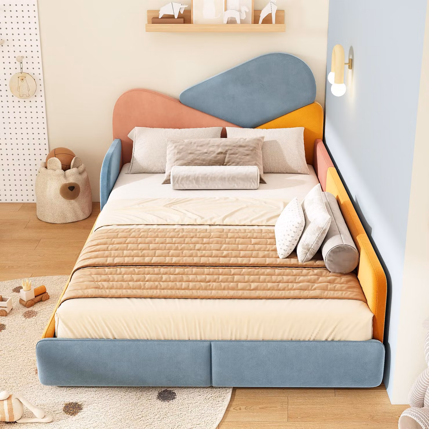 Letto per bambini Merax, imbottito, 140x200 cm, con testiera colorata, letto singolo in velluto con protezioni laterali, testiera imbottita e paraurti, disponibile in vari colori