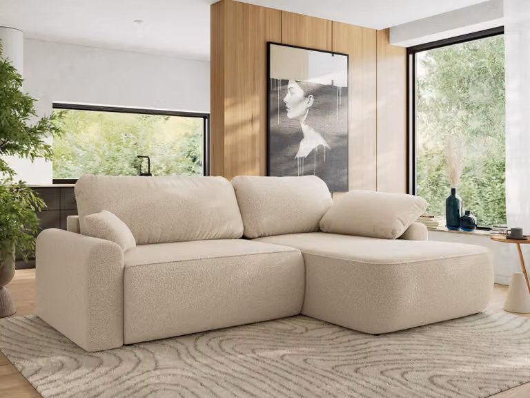 MKS MEBLE divano angolare CUBO a L, cuscini sciolti, divano angolare 273x187x100 cm con funzione letto, box letto - Beige Boucle - Lato destro