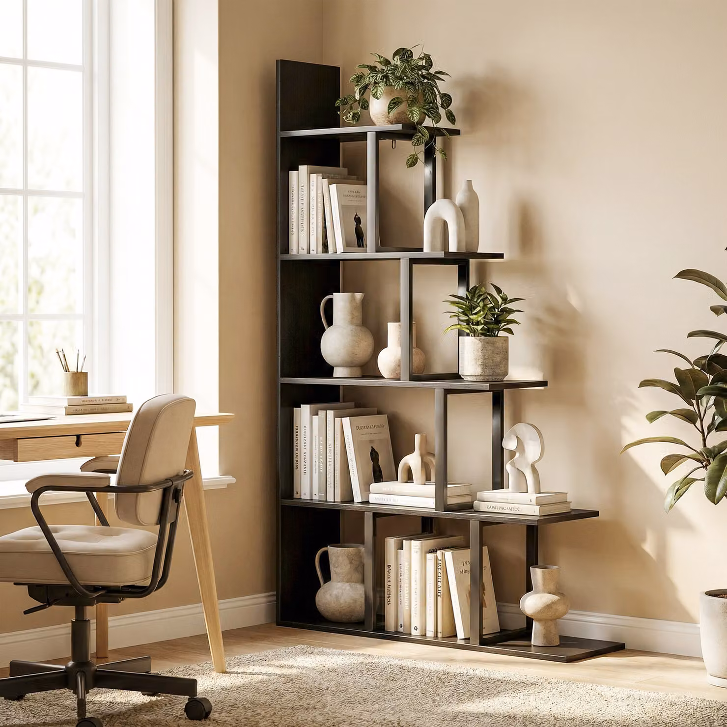 Libreria divisorio HOMCOM stile industriale a gradini con 5 ripiani, colore nero, H 160 x L 102 x P 30 cm – 2