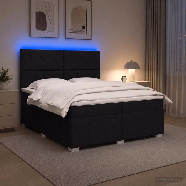 Letto Box Spring vidaXL con Materasso a Molle Insacchettate e Illuminazione LED Sotto il Letto, Colore Nero e Bianco, L/P: 200 x 200 cm – 1