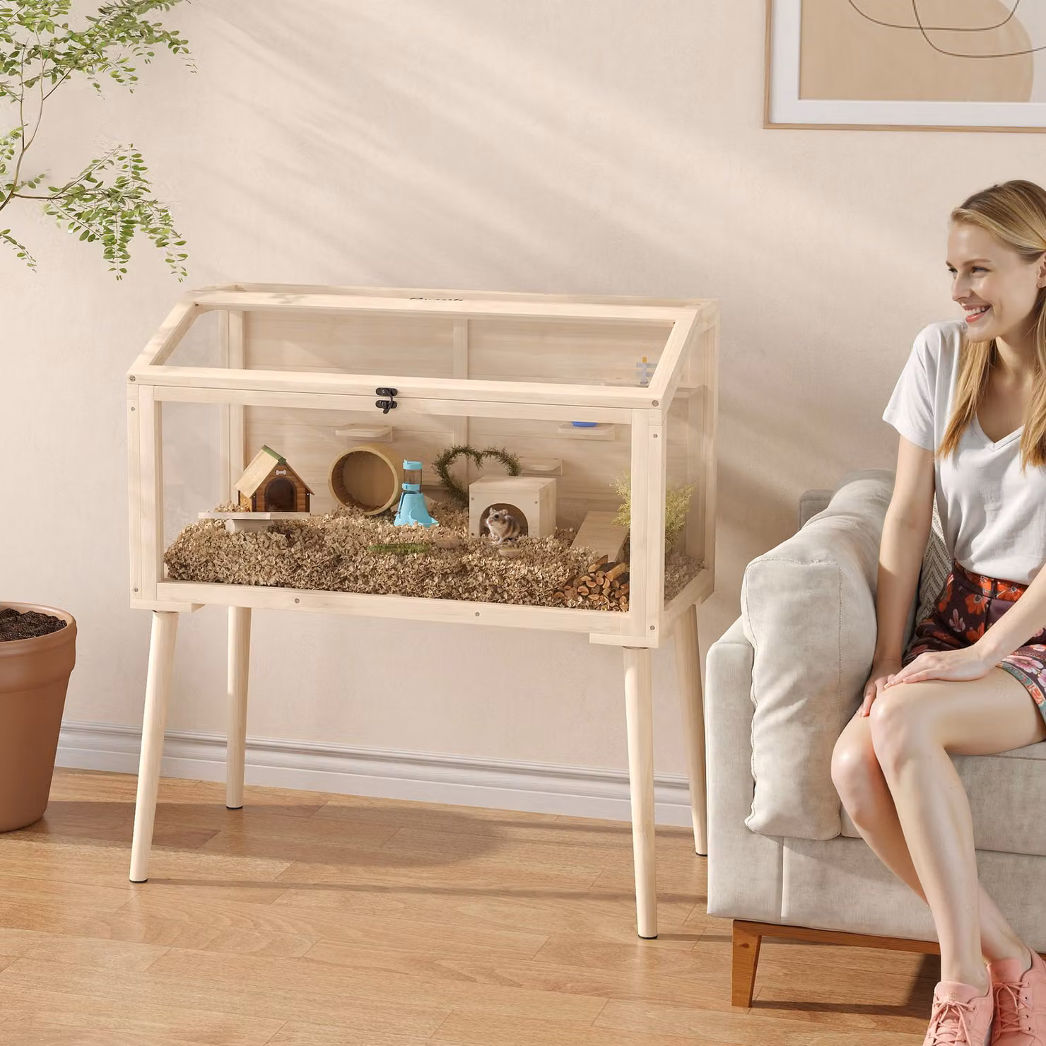 Gabbia per criceti e piccoli animali PawHut con accessori e bottiglia d'acqua, in legno e plastica, L: 110 cm, P: 52 cm, H: 101 cm – 2