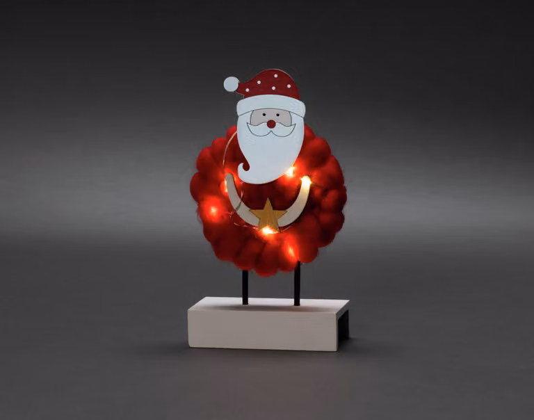 Konstsmide Sagoma LED in legno "Babbo Natale con cotone", rosso, timer 6H, 6 diodi bianco caldo, a batteria, per interni, batteria: 2 x AA 1,5V (escl.) - 3267-550