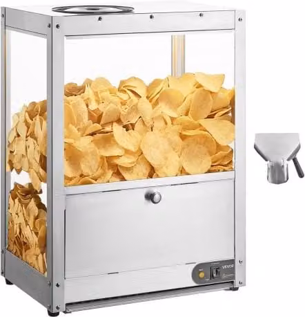 Scalda Patatine e Nachos Commerciale Vevor in Acciaio Inossidabile Argento con Base e Luce Riscaldante da 80 L per Popcorn e Arachidi
