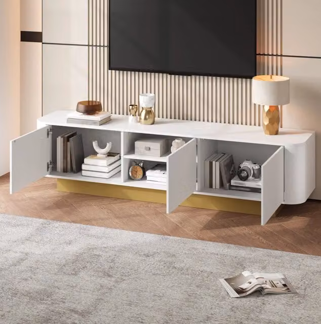 Mobile TV bianco 170 cm con tre ante, design moderno e sistema di gestione cavi