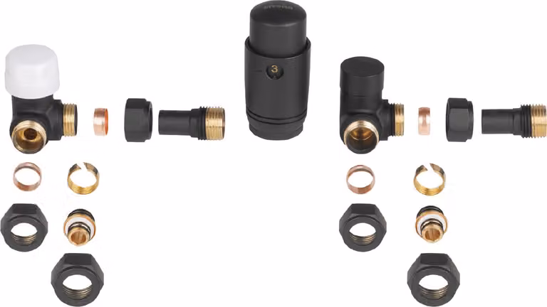 Set di termostati assiali universali (destra/sinistra), nero/oro + PEX, connessioni in rame