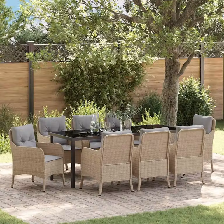 Set da pranzo per giardino e terrazzo vidaXL in polyrattan beige con tavolo in vetro, 9 pezzi