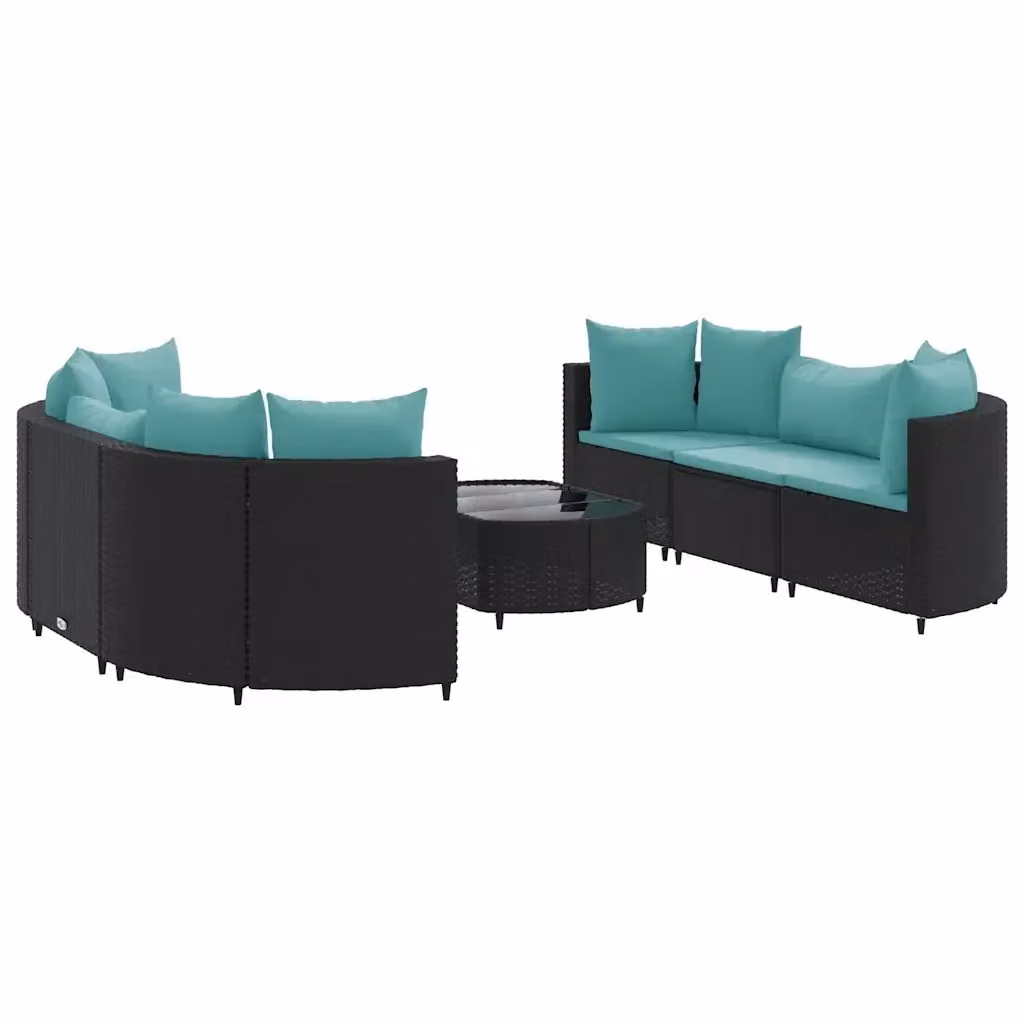 Set Divani da Giardino vidaXL a Forma di L con Cuscini e Tavolino, Struttura in Metallo e Polyrattan, Colore Nero e Blu – 2