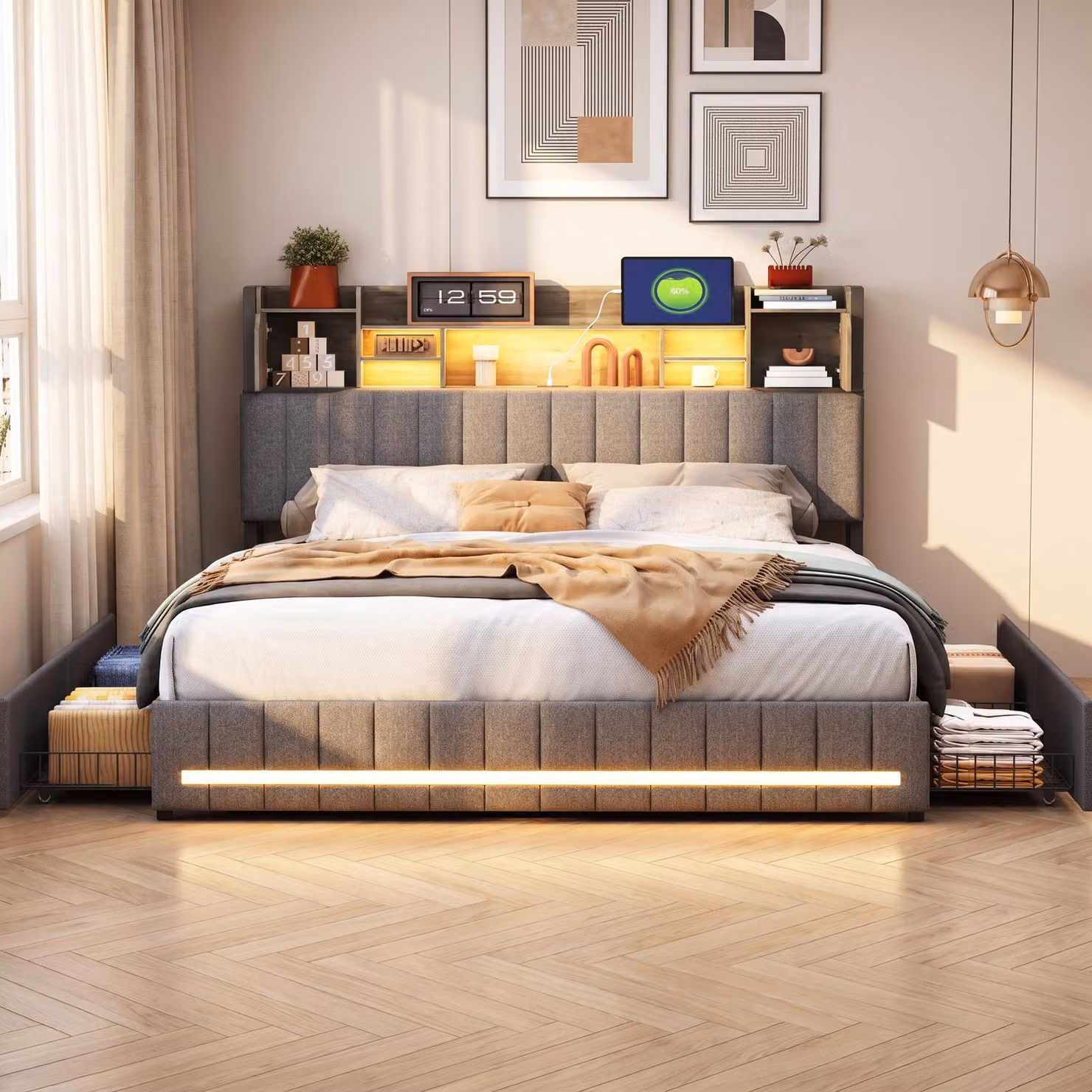 Letto imbottito INONEFT, 160x200 cm, con USB e illuminazione LED, letto matrimoniale con contenitore e 4 cassetti, testiera con spazio contenitore, rete a doghe, lenzuola, colore grigio